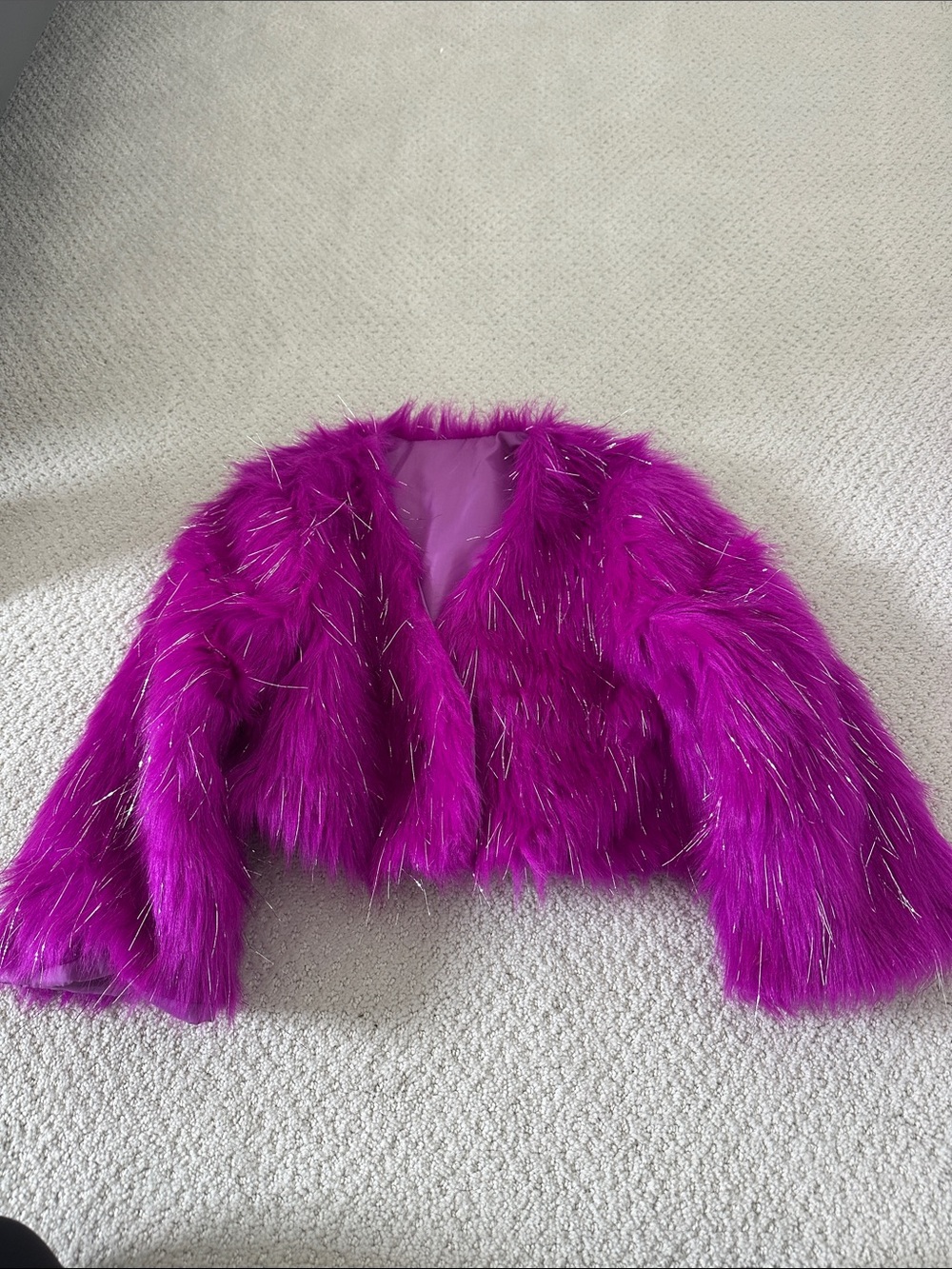 Target Kids Faux Fur Cropped Jacket in Fuchsia with Silver Tinsel